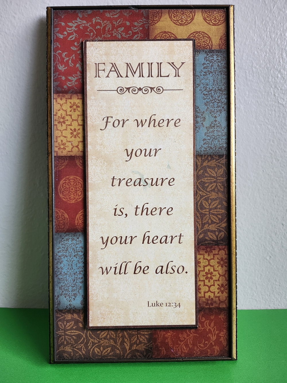 INTERIORS by Design Luke 12:34Family Wall Plaque in Red, Blue & Gold Patchwork